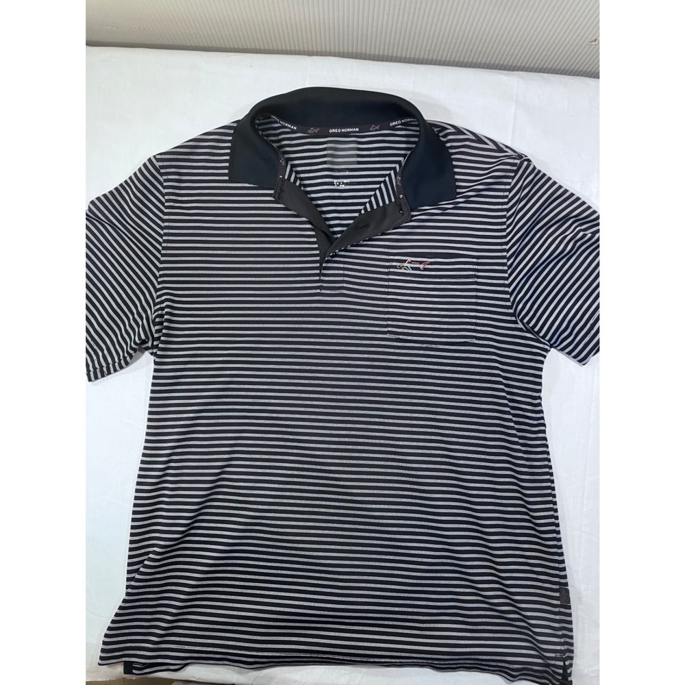 Greg Norman Mens Striped Short Sleeve Polo Golf Shirt Black White Size Large